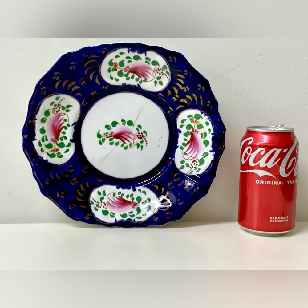 19th Century Vintage Gaudy Welsh Feather Pattern Square Scalloped Plate